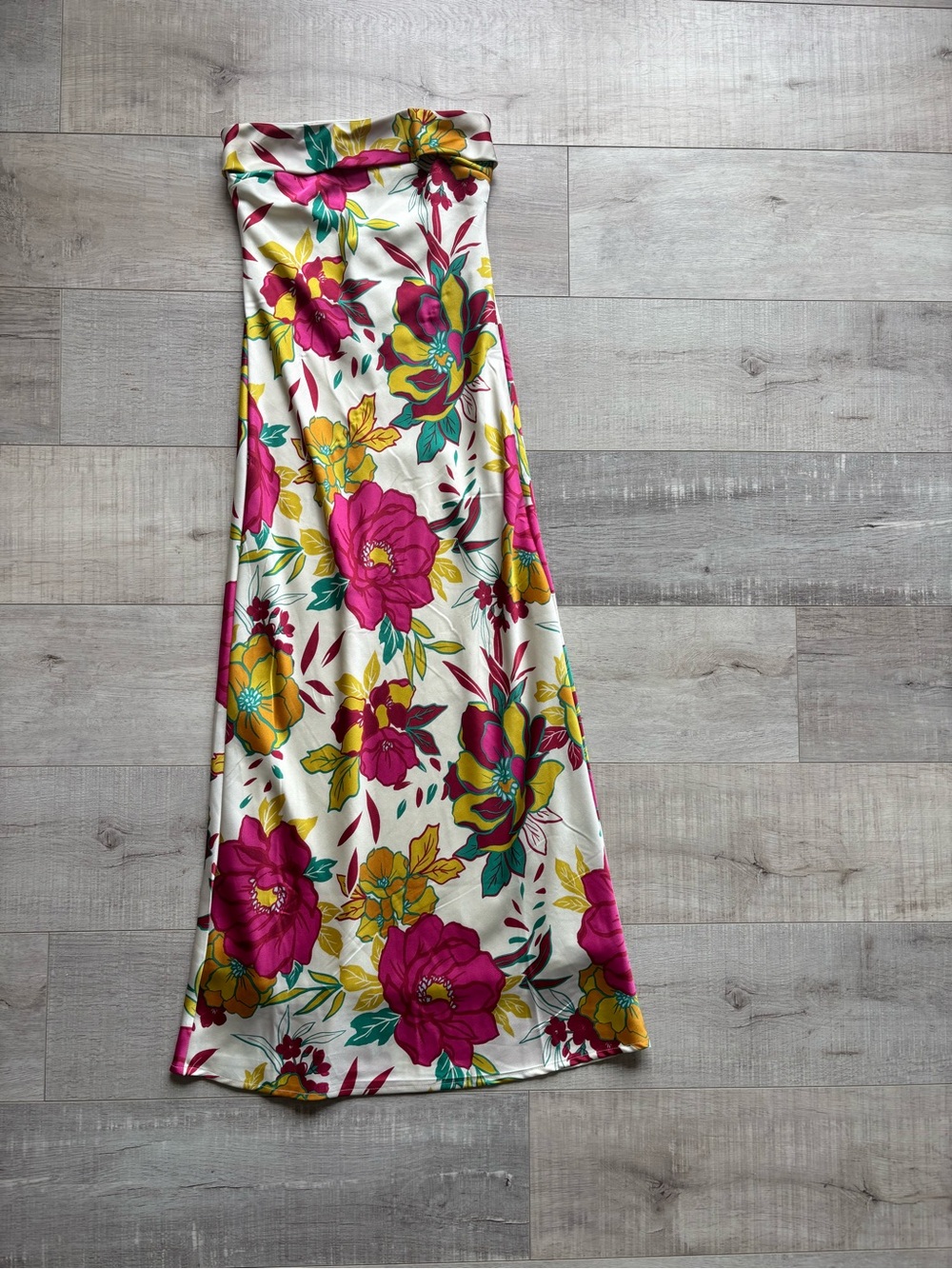 White Floral Satin Maxi Dress with Pink & Yellow Blooms